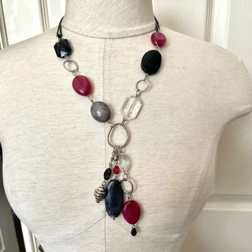 Chicos pink black beaded statement charm necklace